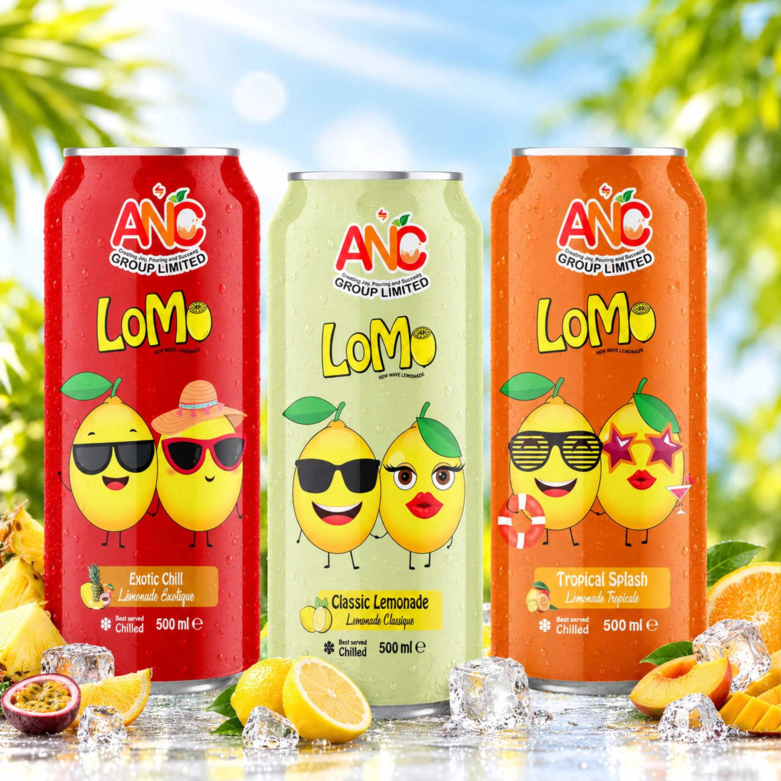 LoMo 500 mL cans featuring Classic Lemonade, Exotic Chill, Berry Tornado, Melon Marvel, and Tropical Splash flavours with fresh fruit and ice.